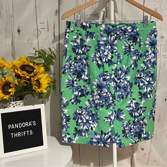 J. Crew Pencil Skirt Size 6 Green Blue Flowers Preowned - Picture 2 of 7